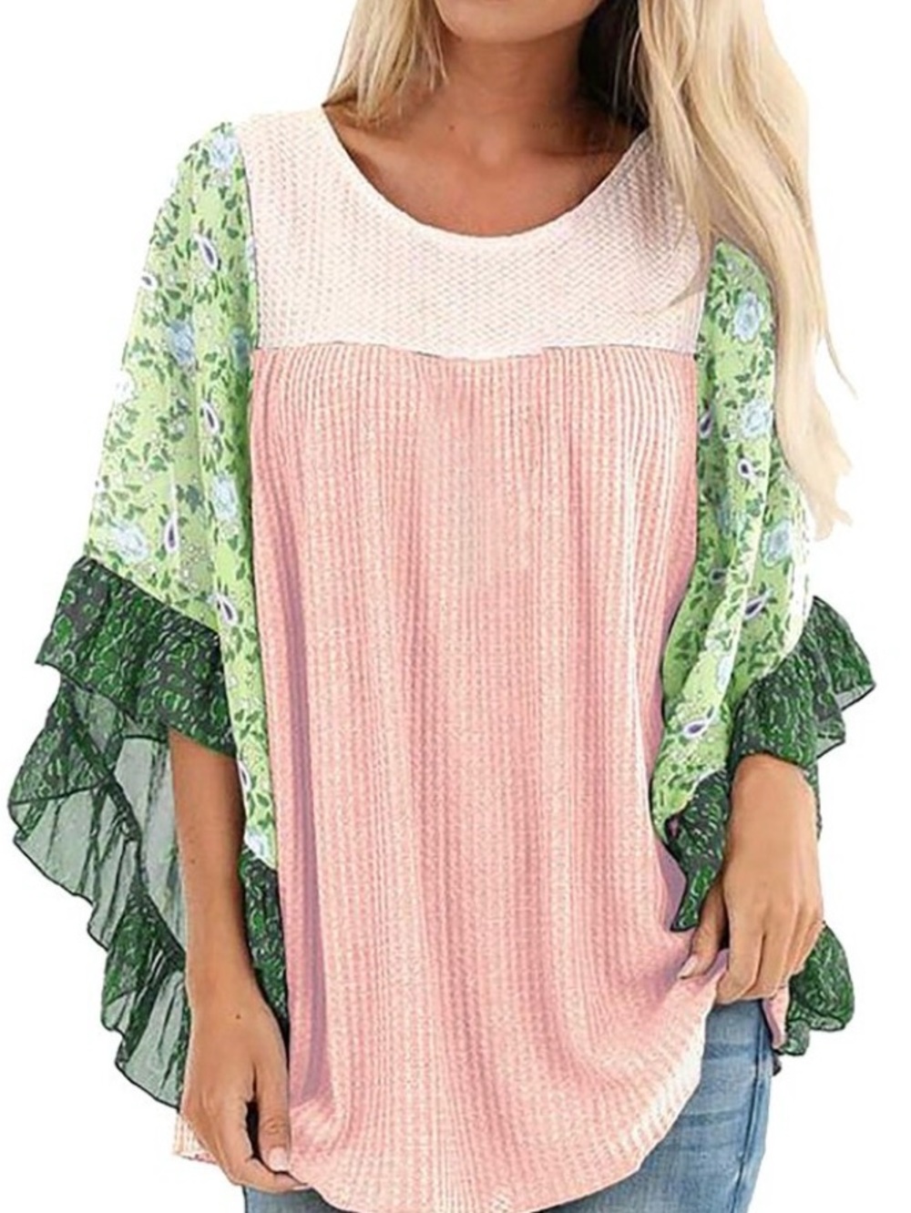 Boho Colorblock Floral Waffle Knit Top p2p 22” NWOT